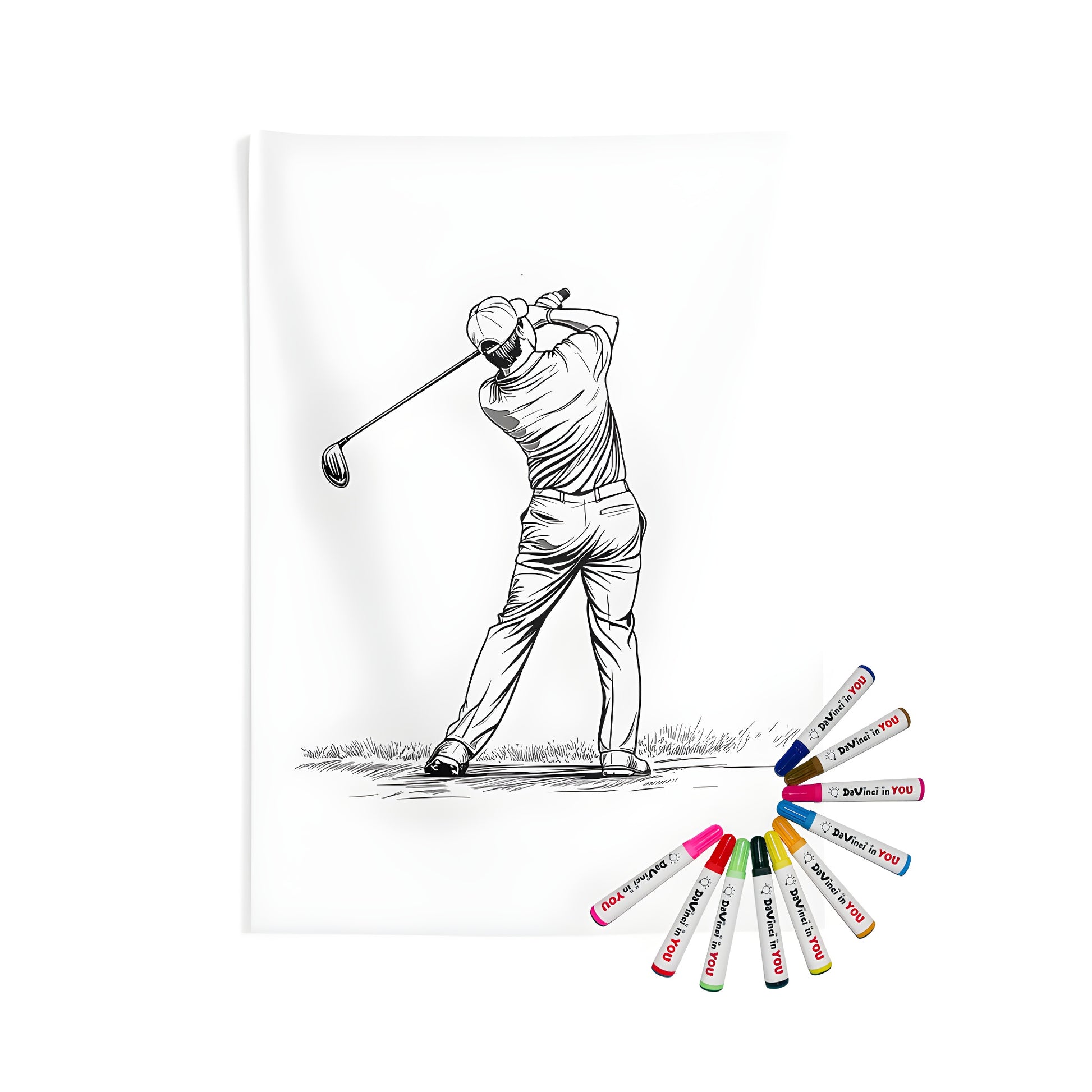 Indoor wall tapestry featuring a black and white illustration of a golfer swinging a golf club on grass, perfect for a golf lover's home decor