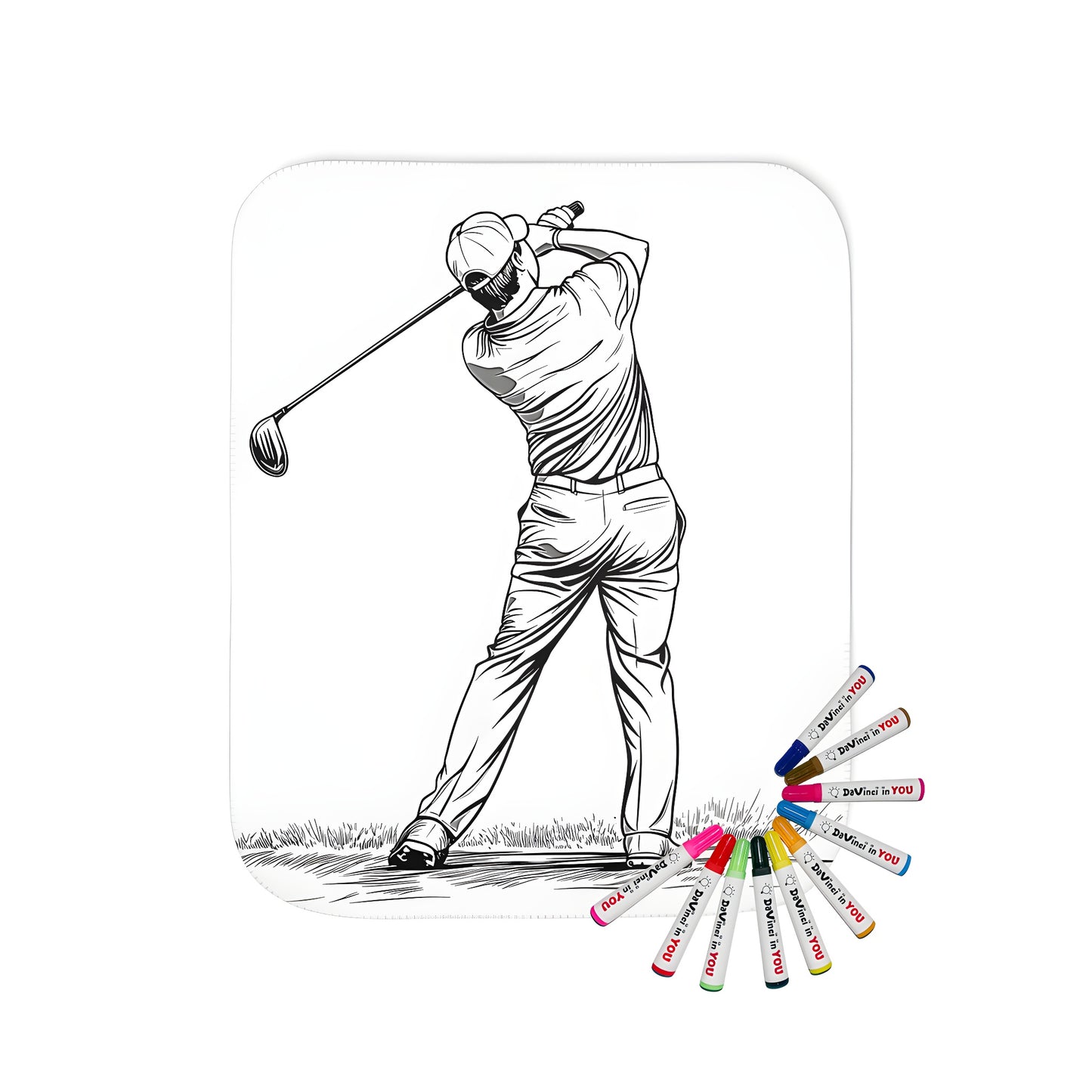 Coloring blanket featuring an illustration of a golfer swinging a club