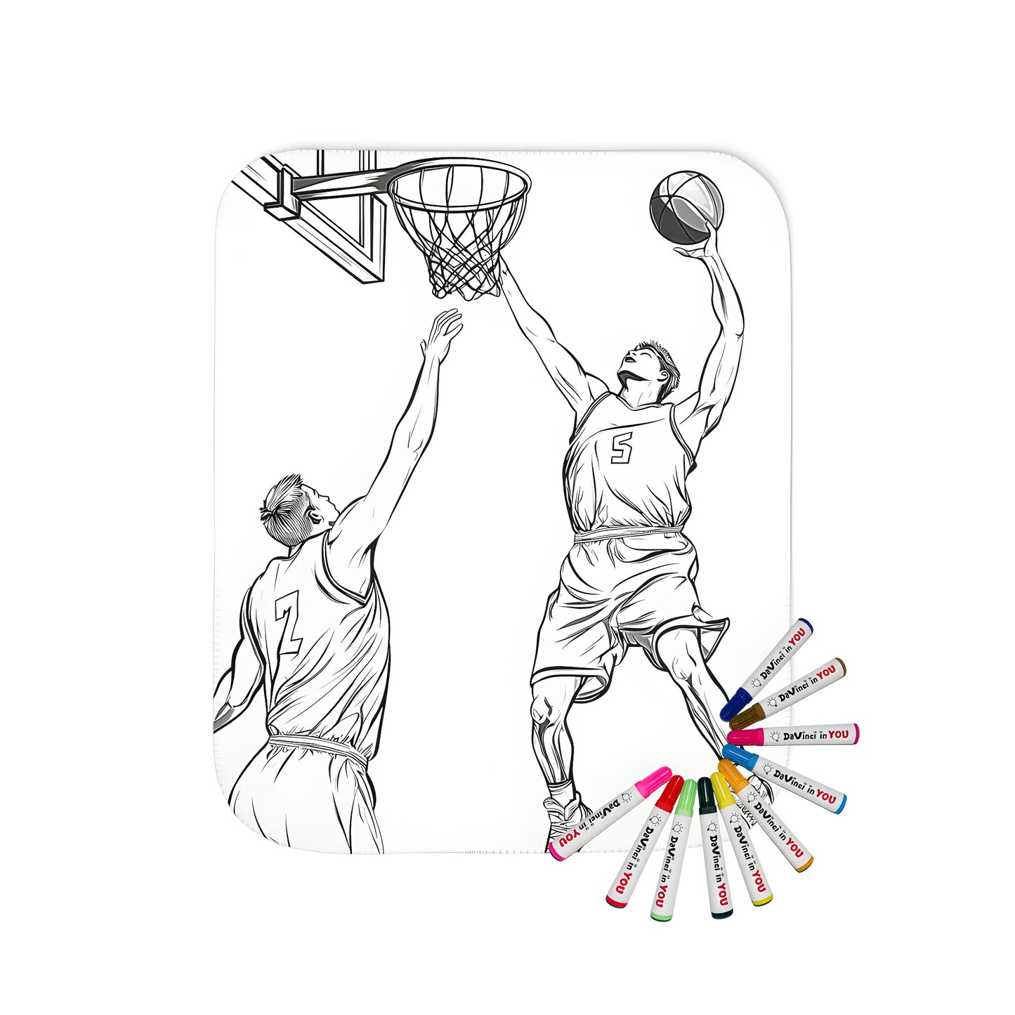 Basketball players coloring kit on a cozy blanket, featuring two athletes in motion - a fun and colorful home decor item