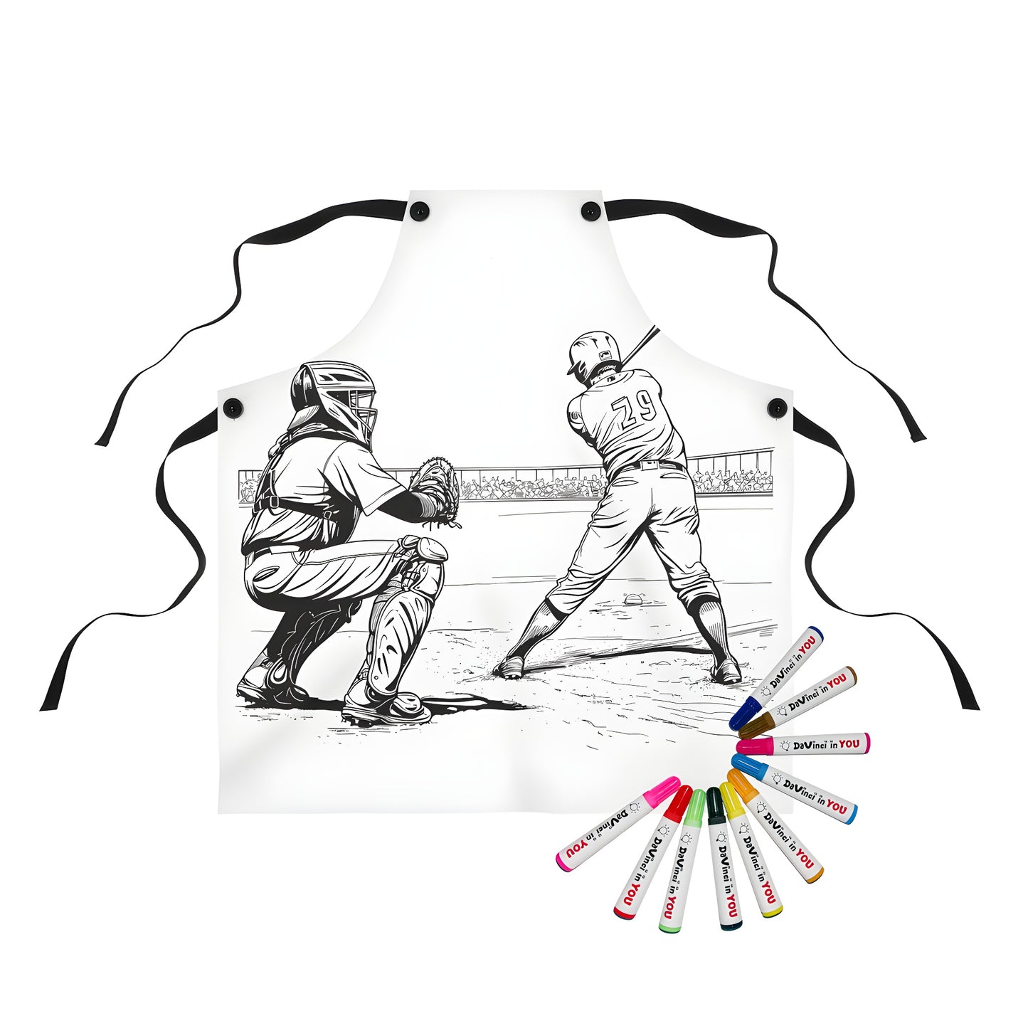 Coloring apron featuring an action-packed baseball scene of a catcher and batter