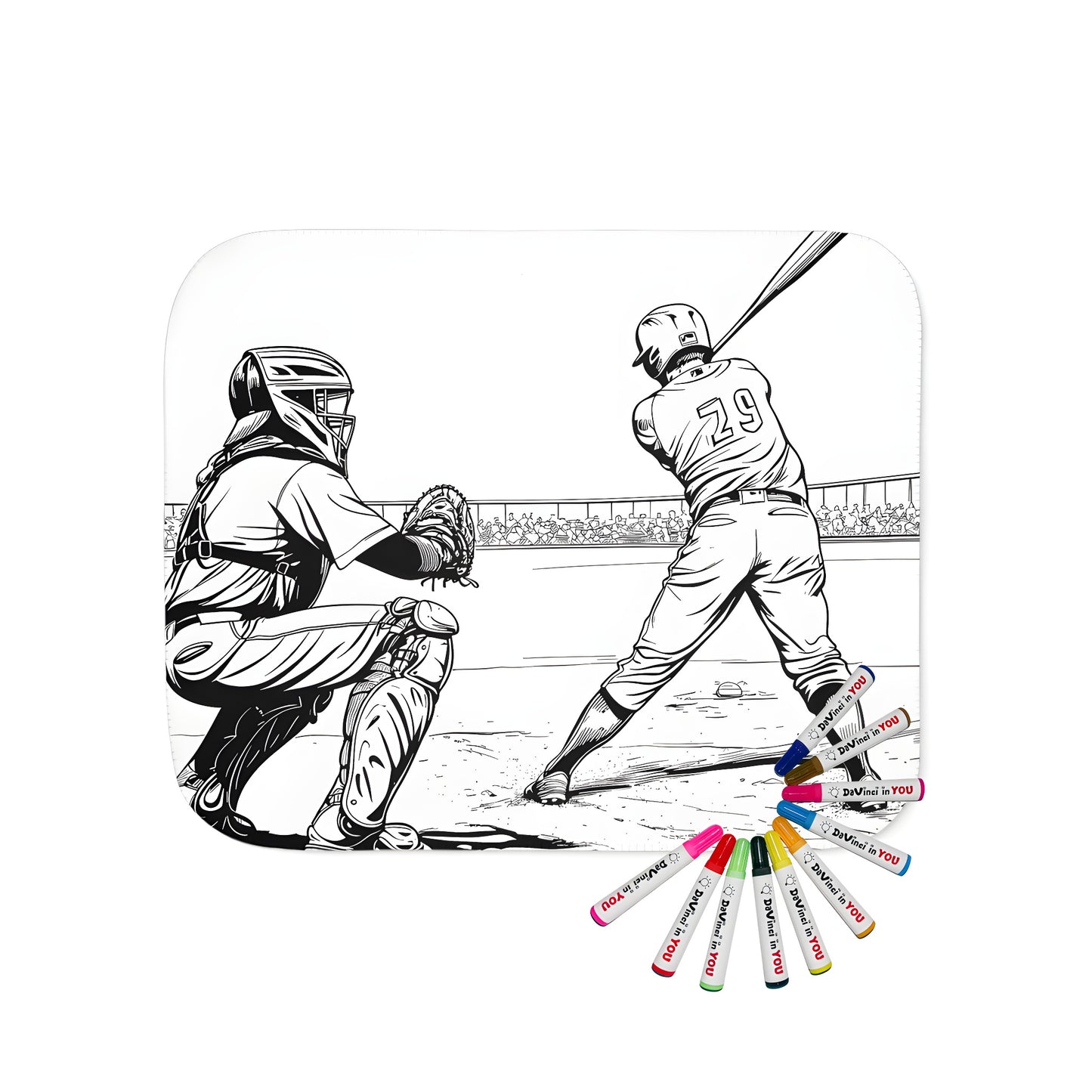 Cozy blanket featuring an intricate drawing of a baseball catcher and batter