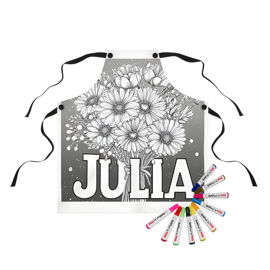 Coloring apron featuring a detailed black and white floral arrangement of roses, including a prominent name tag saying Julia, perfect for artsy individuals