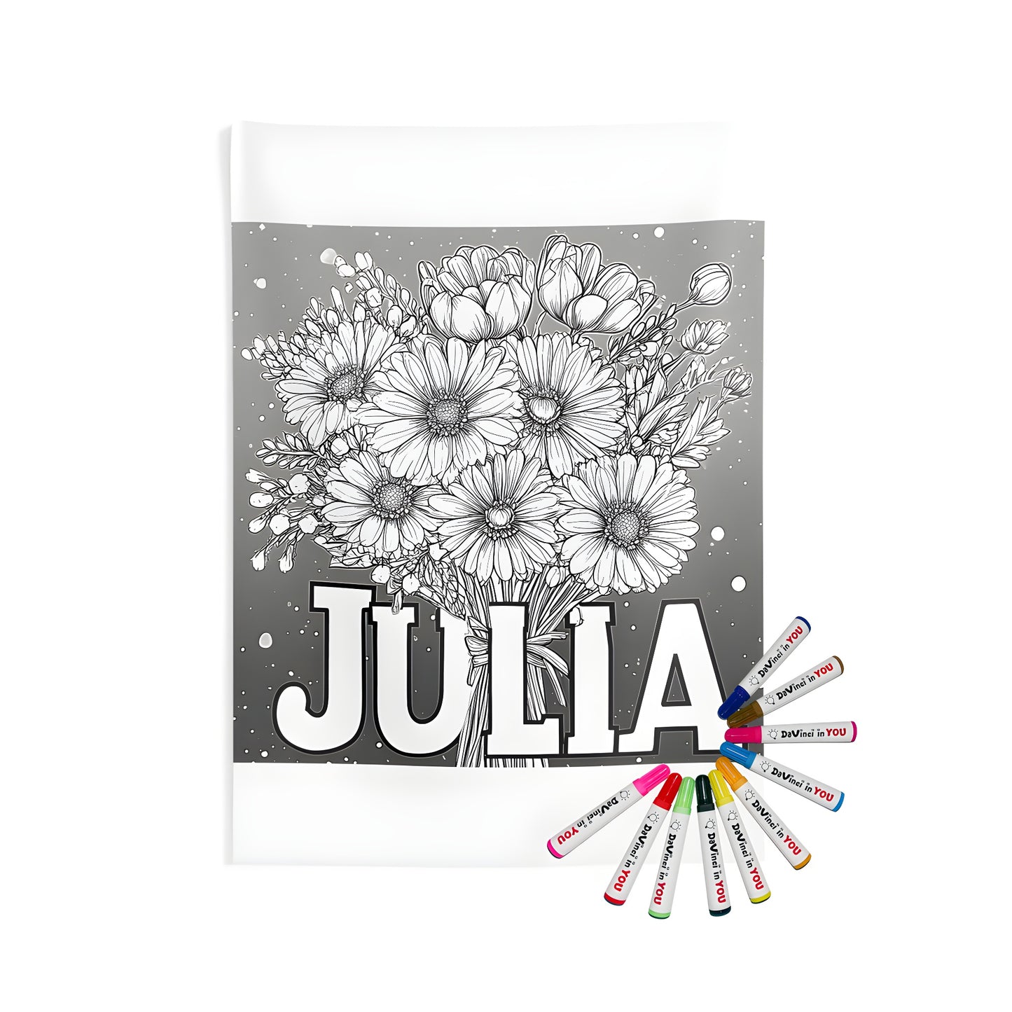 A beautiful indoor wall tapestry featuring a detailed black and white floral design with Julia's name prominently displayed. Includes fabric markers for a fun coloring experience.