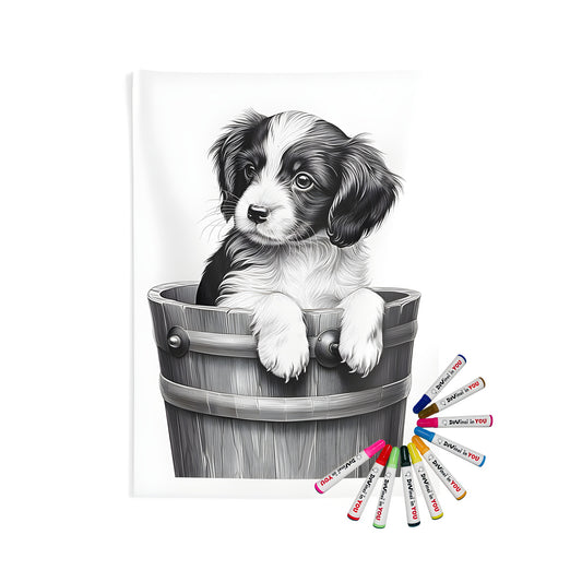 Indoor wall tapestries coloring kit with 10 fabric markers featuring a cute puppy hanging from a wooden bucket, perfect for adult relaxation and home decor