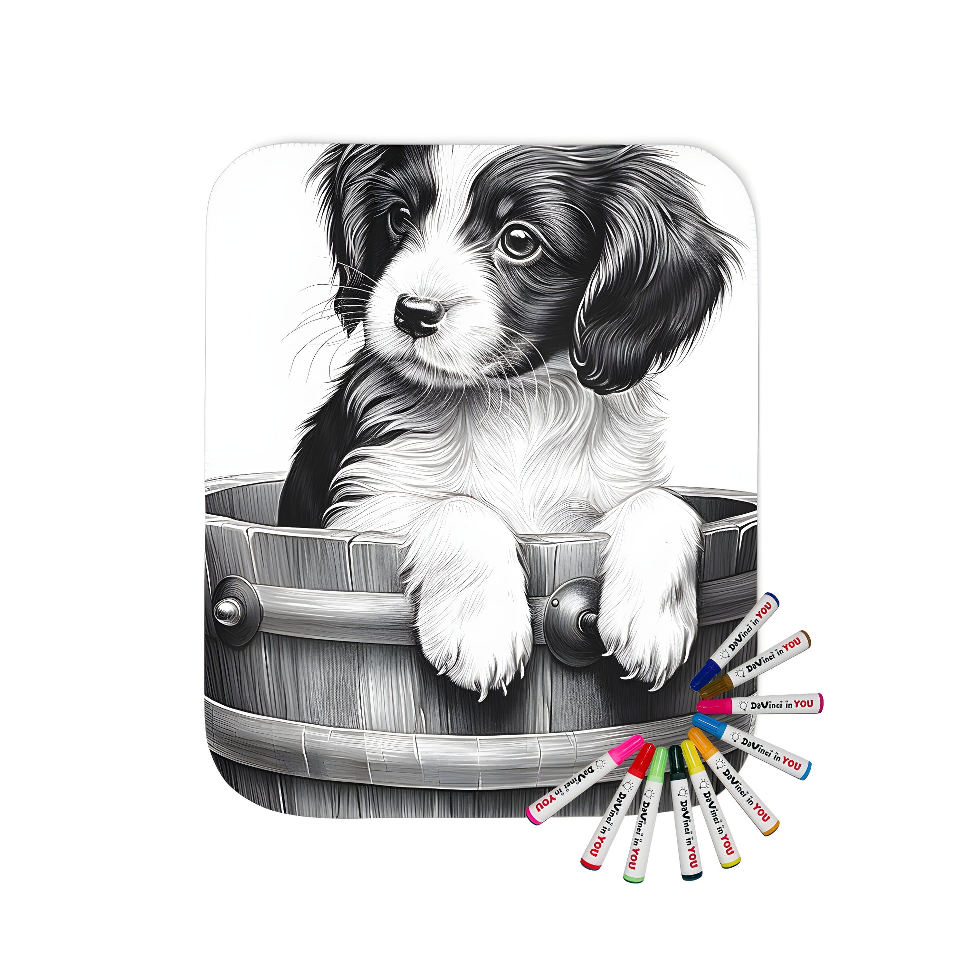 Cozy blanket featuring a cute puppy playing from a wooden bucket, perfect for kids and adults alike.