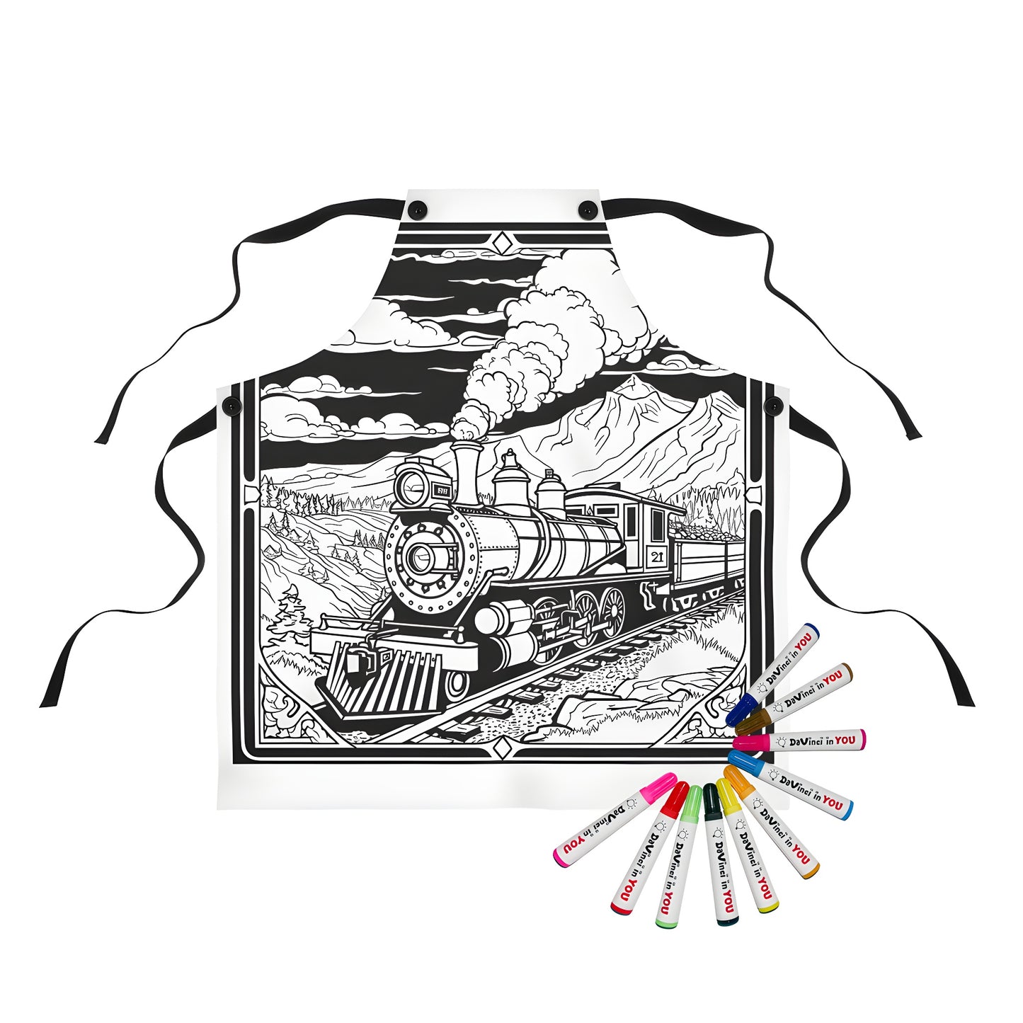 Colorful steam locomotive design on apron for coloring kit