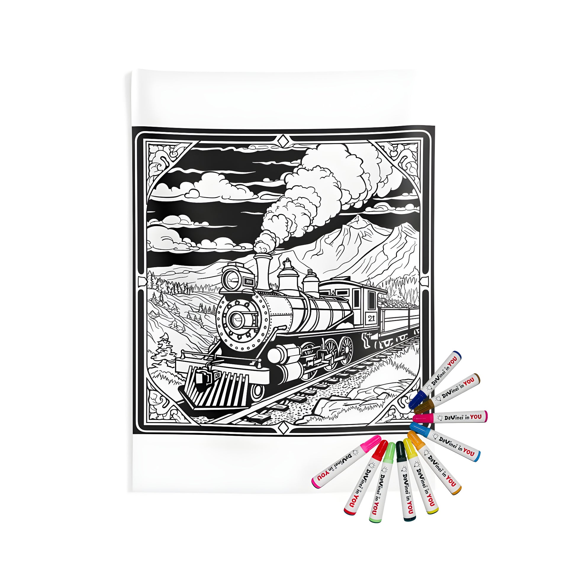 Coloring pages and fabric markers for a unique indoor wall tapestry featuring a vintage locomotive traveling through a scenic mountain landscape.