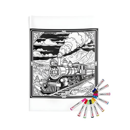 Coloring pages and fabric markers for a unique indoor wall tapestry featuring a vintage locomotive traveling through a scenic mountain landscape.