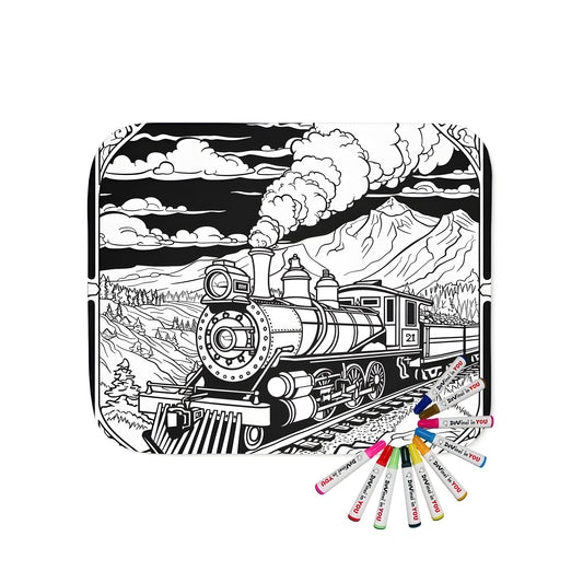 Colorful blanket with locomotive design featuring train chugging through mountains and smoke rising from its chimney against a cloudy sky.