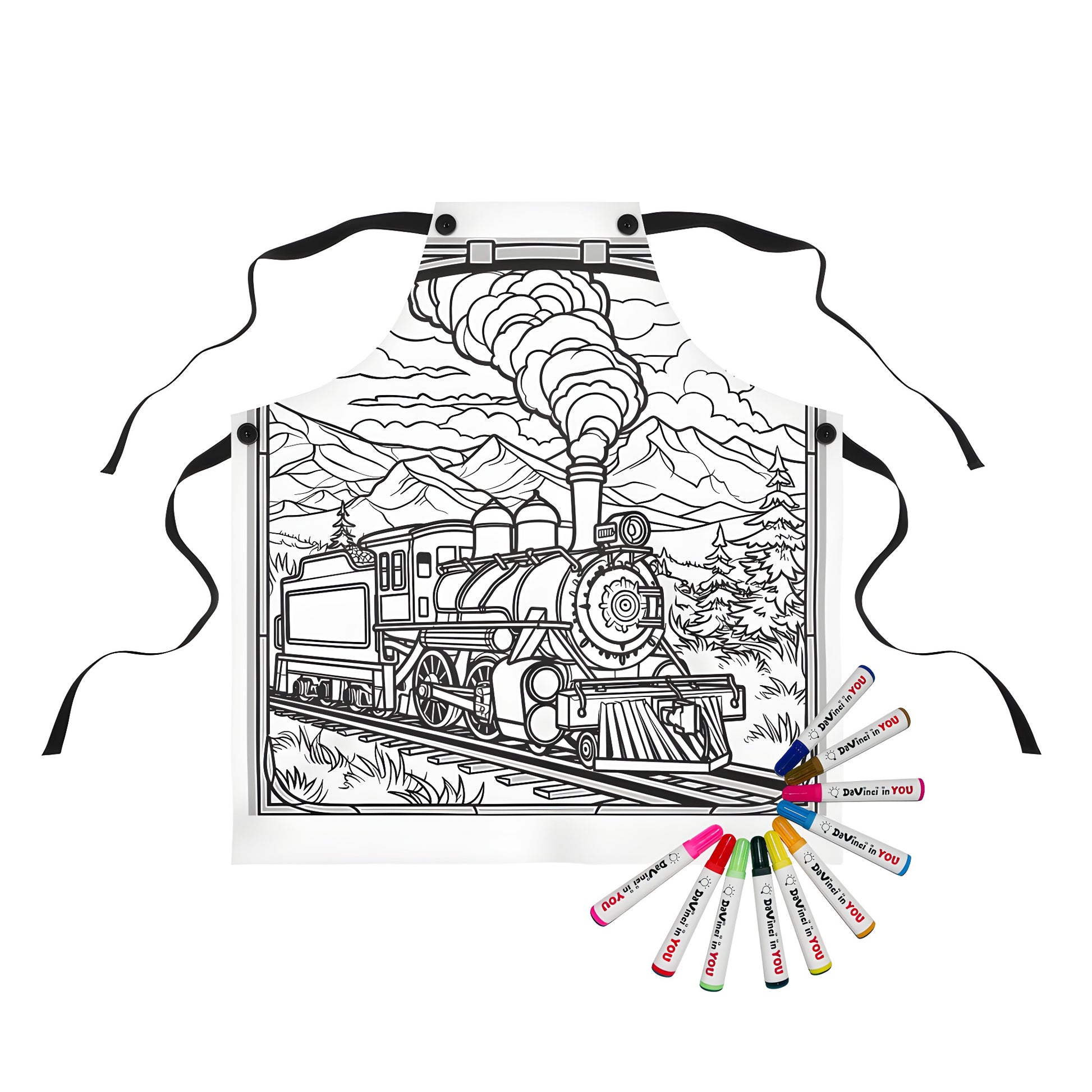 Coloring apron featuring a detailed steam train locomotive chugging through a scenic mountain landscape