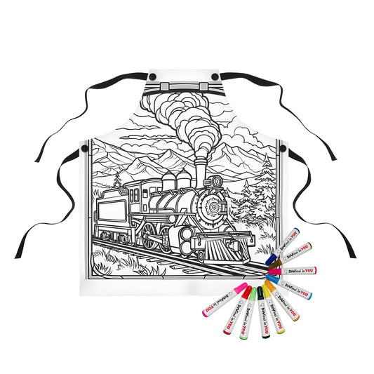 Coloring apron featuring a detailed steam train locomotive chugging through a scenic mountain landscape