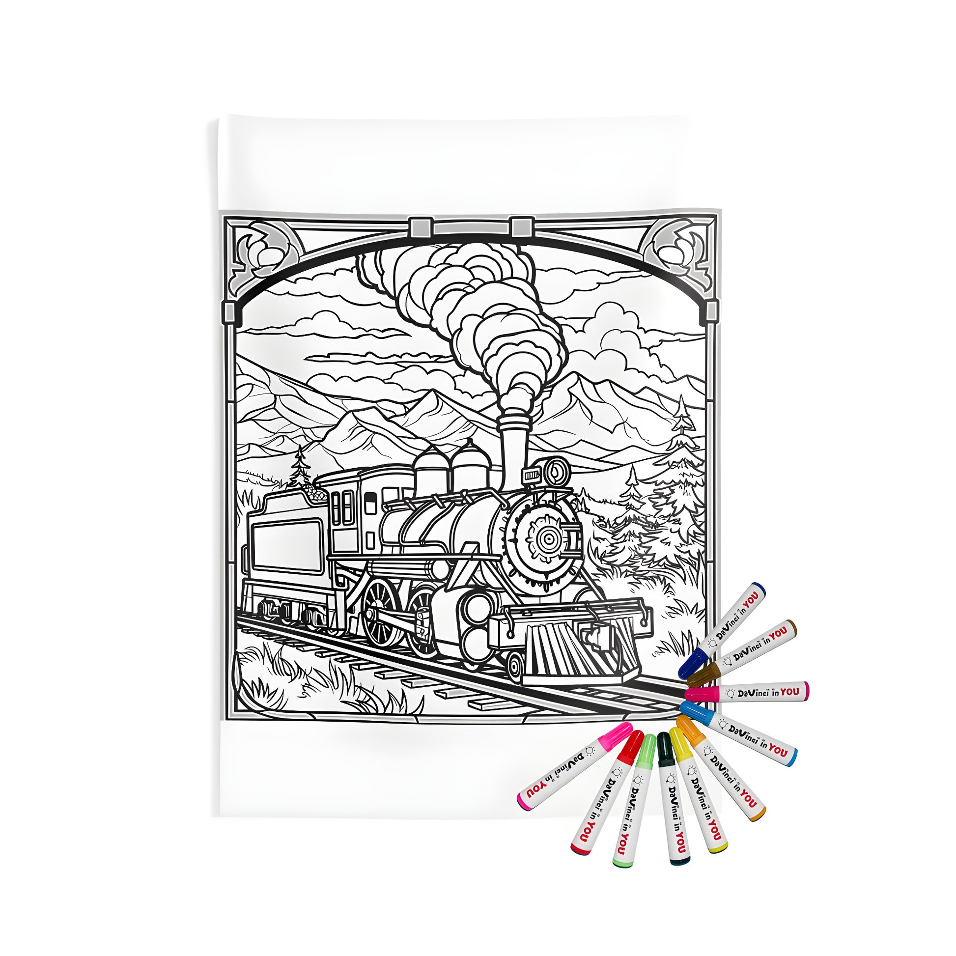 A detailed steam train coloring page featuring a locomotive chugging through a picturesque mountain setting printed on an indoor wall tapestries, perfect for relaxation and adult coloring