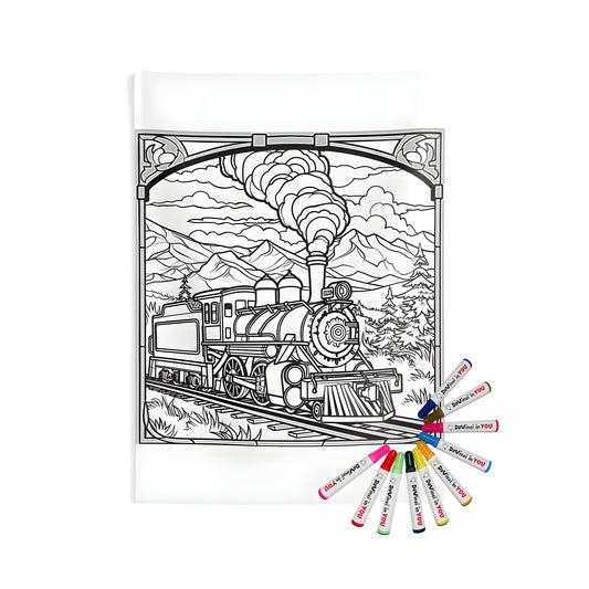 A detailed steam train coloring page featuring a locomotive chugging through a picturesque mountain setting printed on an indoor wall tapestries, perfect for relaxation and adult coloring