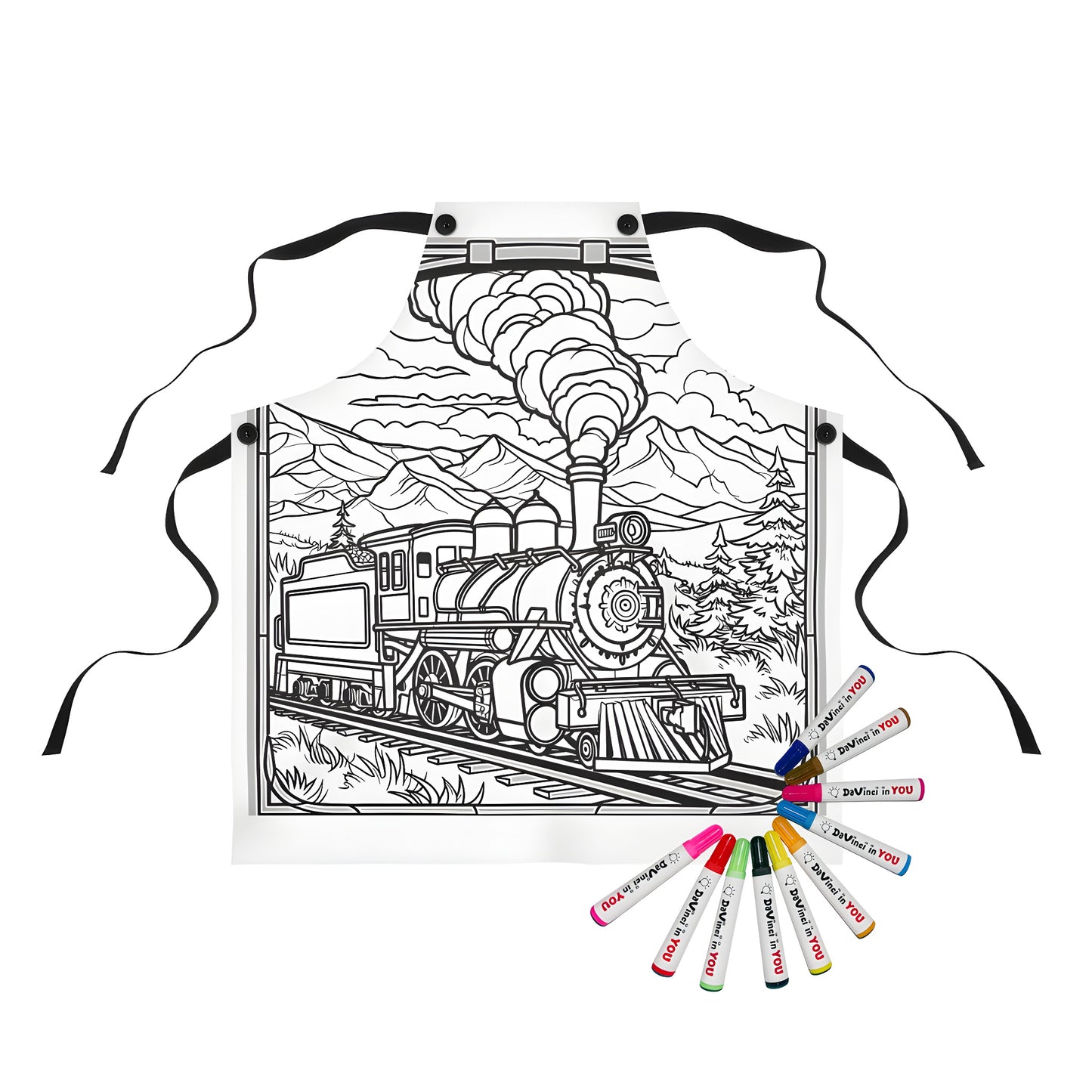 Detailed train illustration apron with colorful mountains and forests