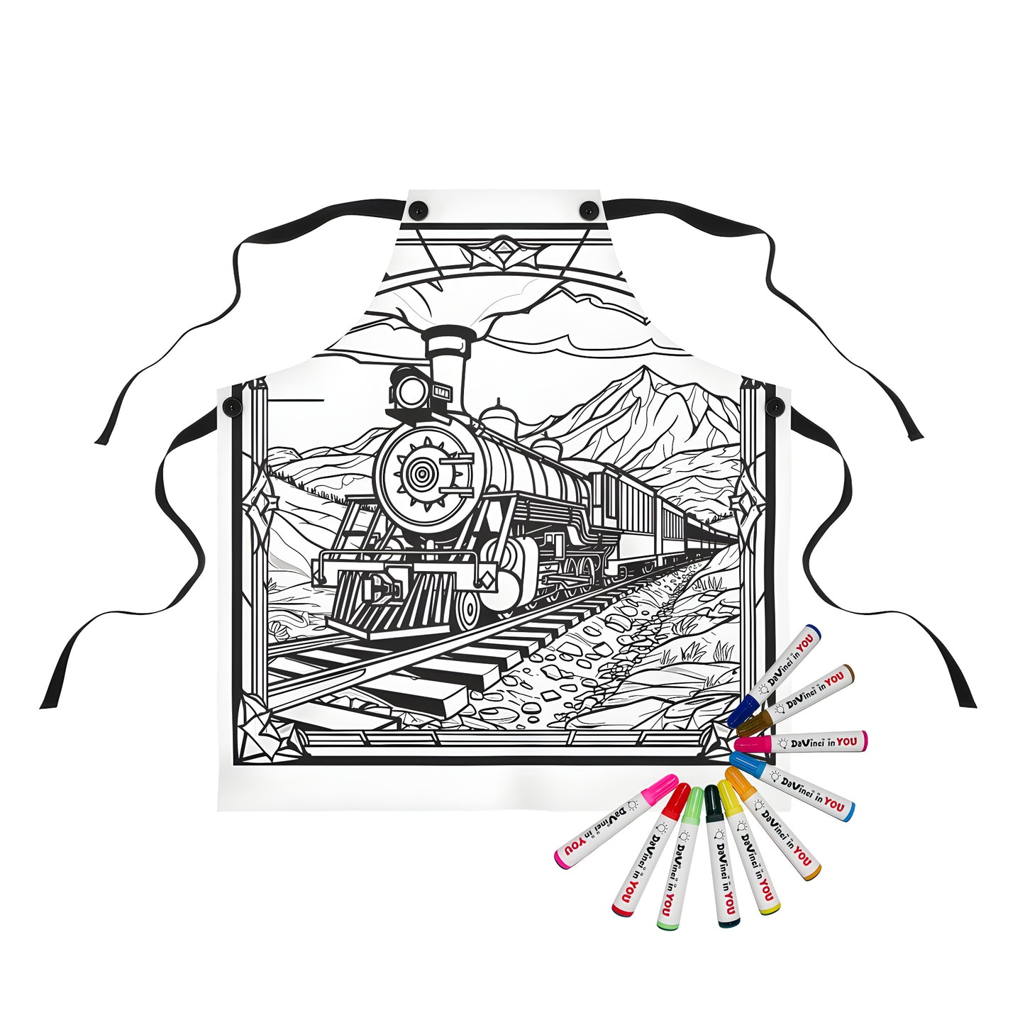 Apron with vintage steam locomotive train illustration, scenic transportation picture, locomotive engine art, classic train design