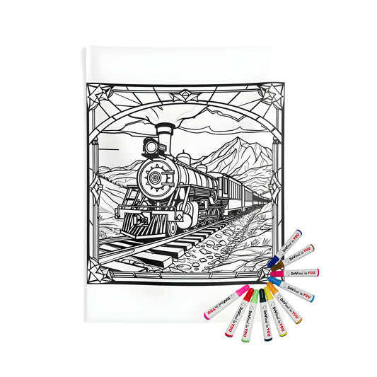 Steam engine train artwork, scenic transportation illustrations for home decor, indoor wall tapestries with train on tracks and mountains