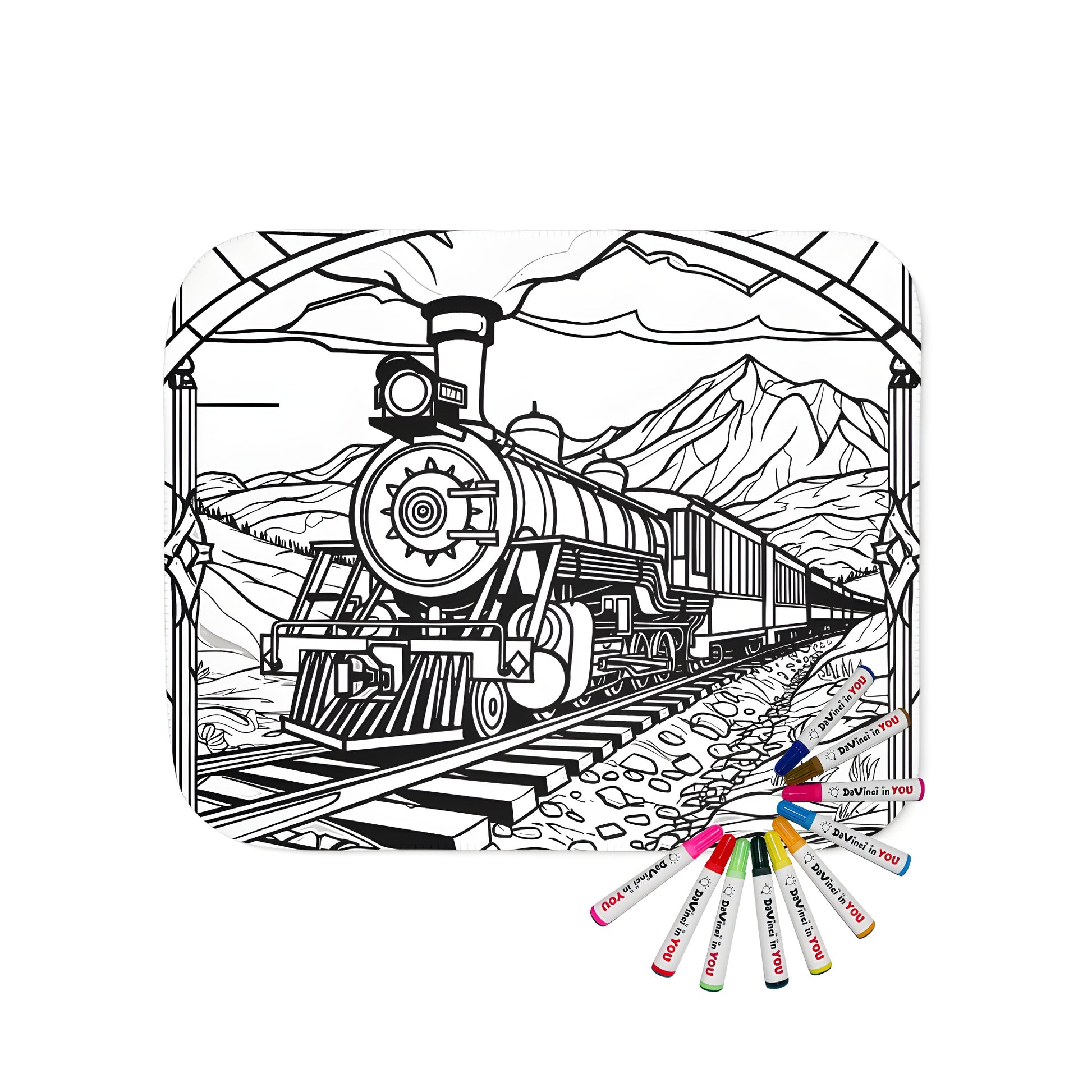 Colouring steam locomotive train blanket with mountains and stained glass border