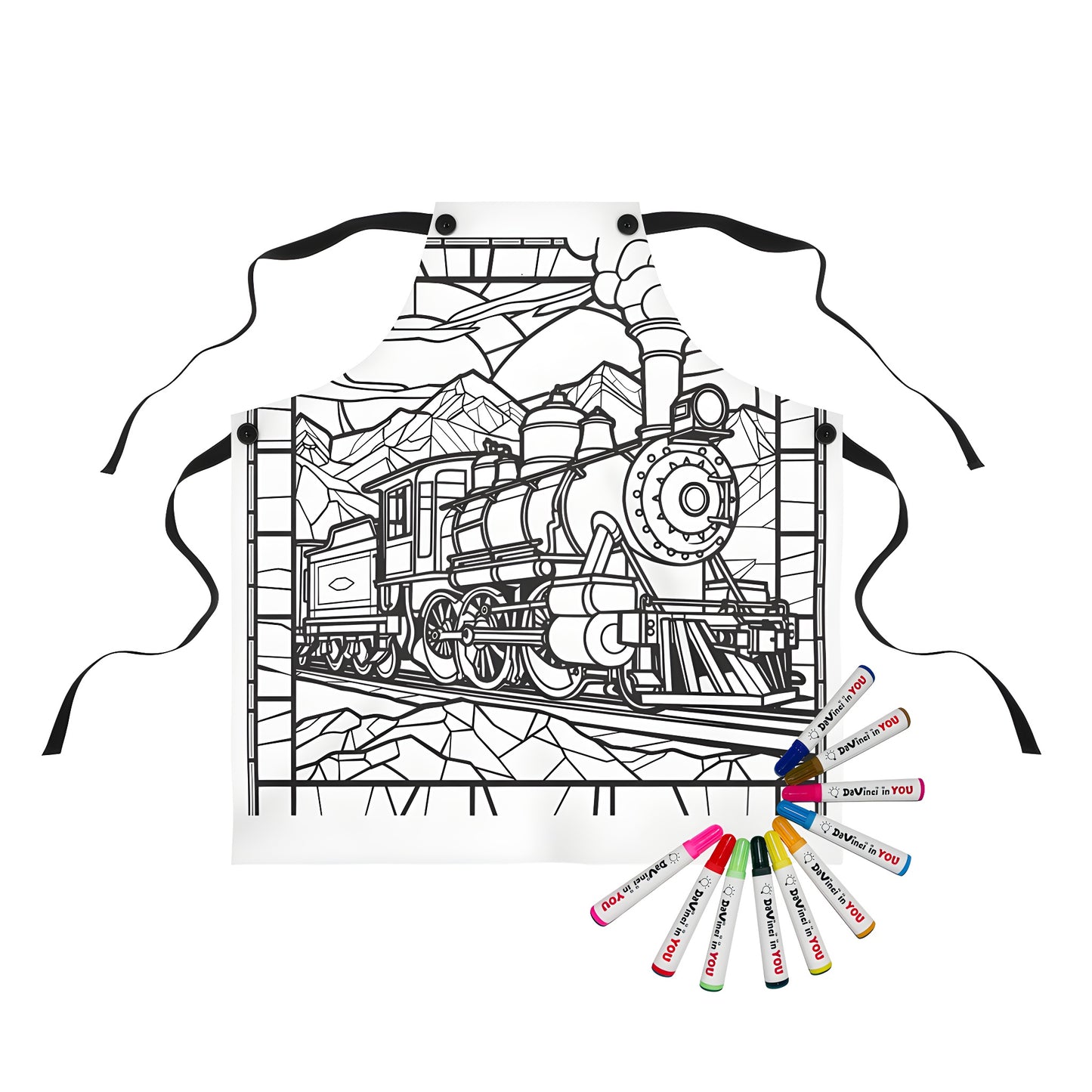 Apron featuring a colorful steam train locomotive illustration on railroad tracks with mountains and sunset