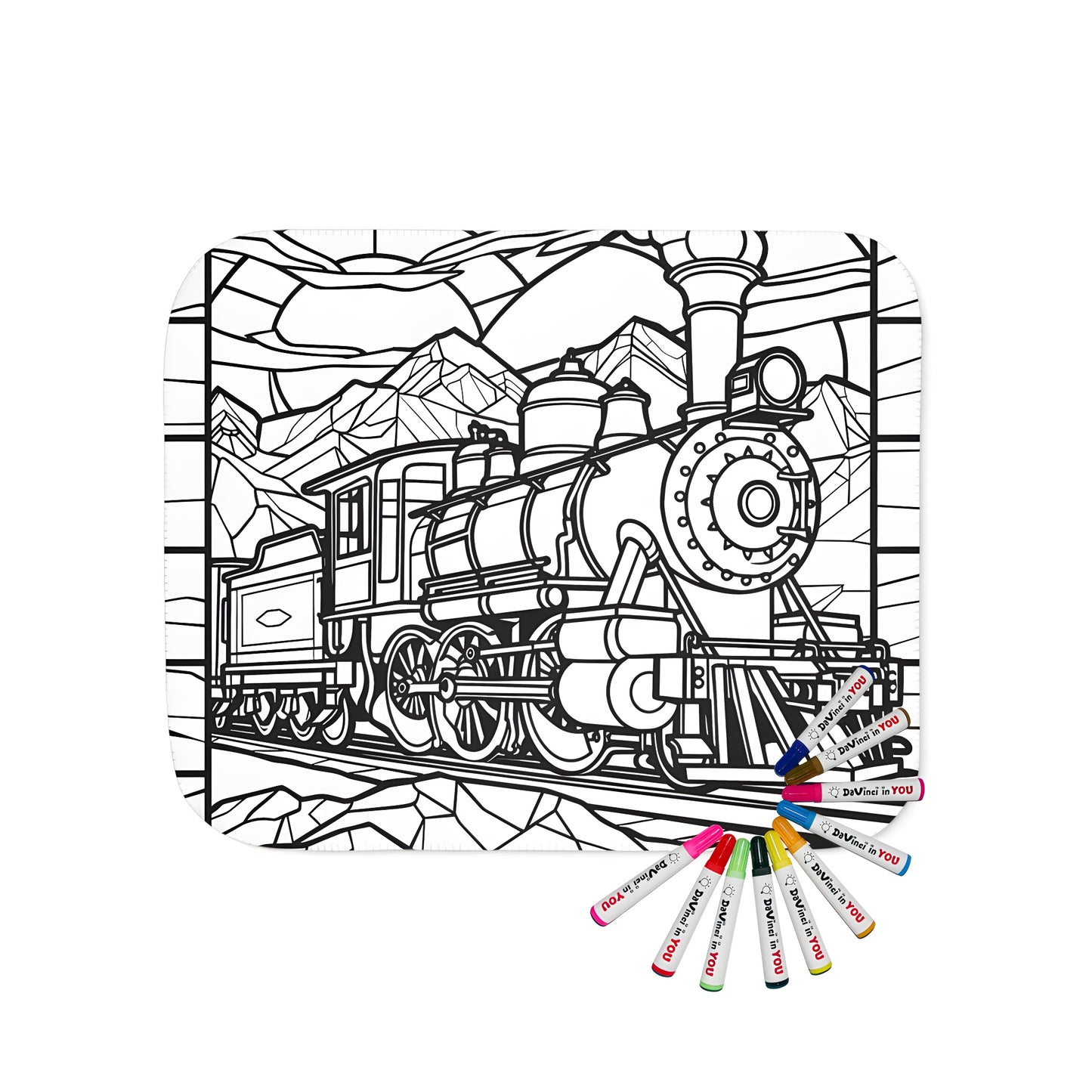 Cozy blanket featuring a vintage steam train locomotive design on railroad tracks with mountains and sunset