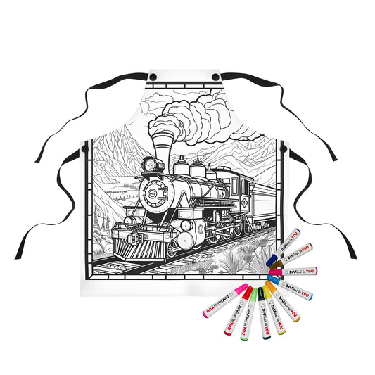 Coloring apron featuring an iconic locomotive train art design with railway tracks, mountains, and clouds