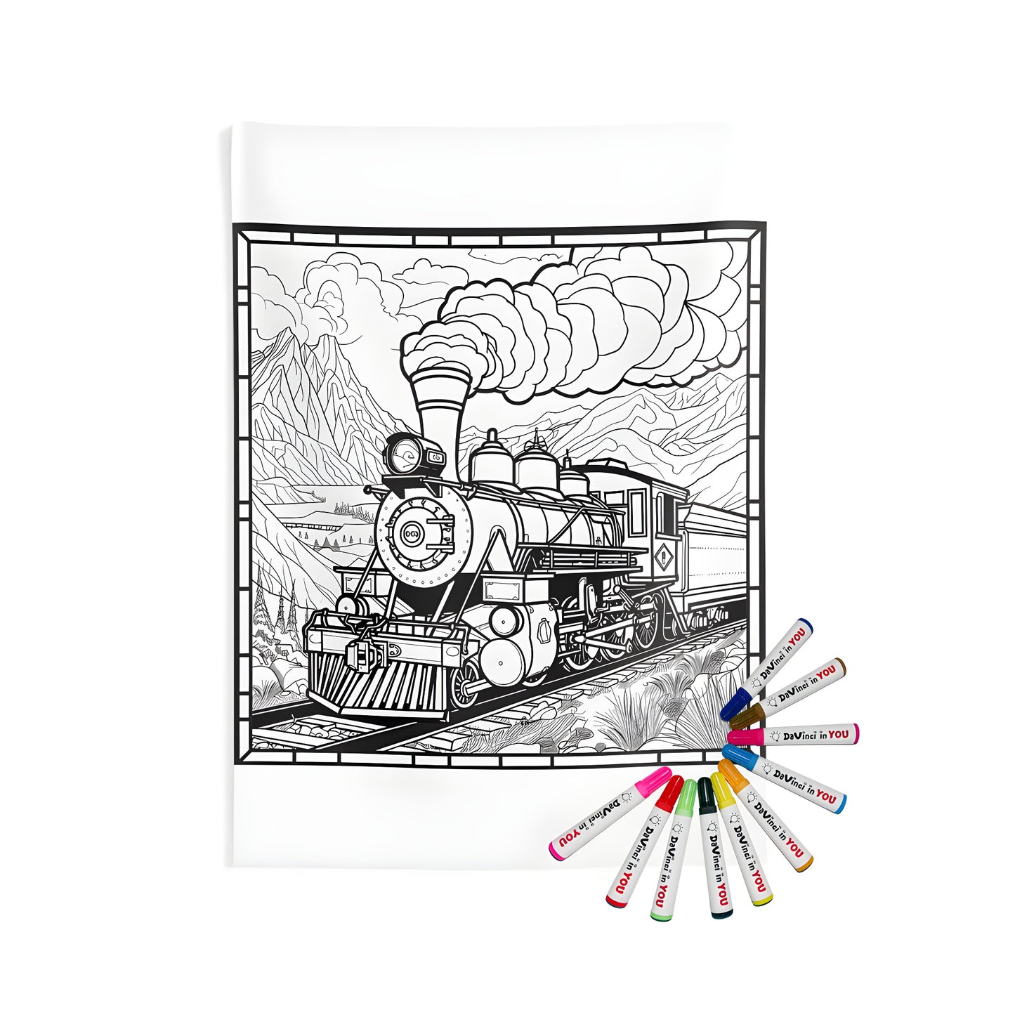 Coloring wall tapestry featuring a detailed drawing of a locomotive train on railway tracks with mountains and clouds