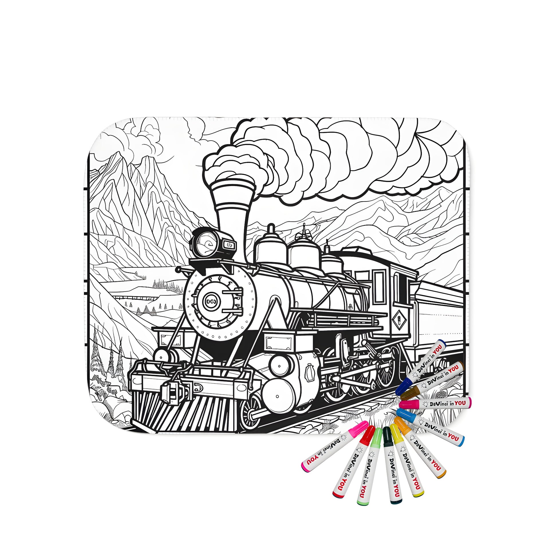 Cozy blanket with detailed railroad drawing of locomotive on track amidst rolling hills and fluffy clouds