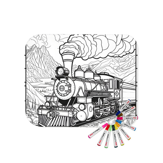 Cozy blanket with detailed railroad drawing of locomotive on track amidst rolling hills and fluffy clouds