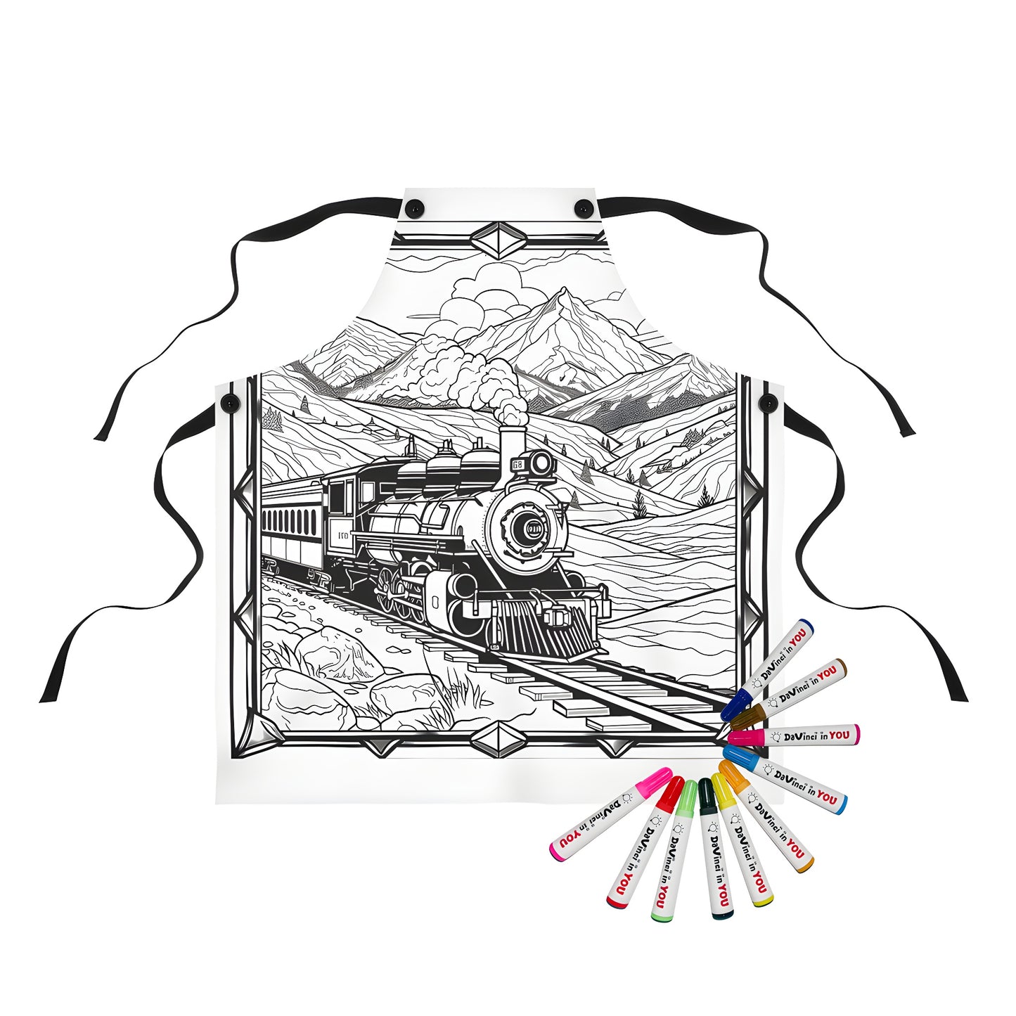 Coloring kit apron featuring vintage locomotive art, train engine illustration, locomotive design