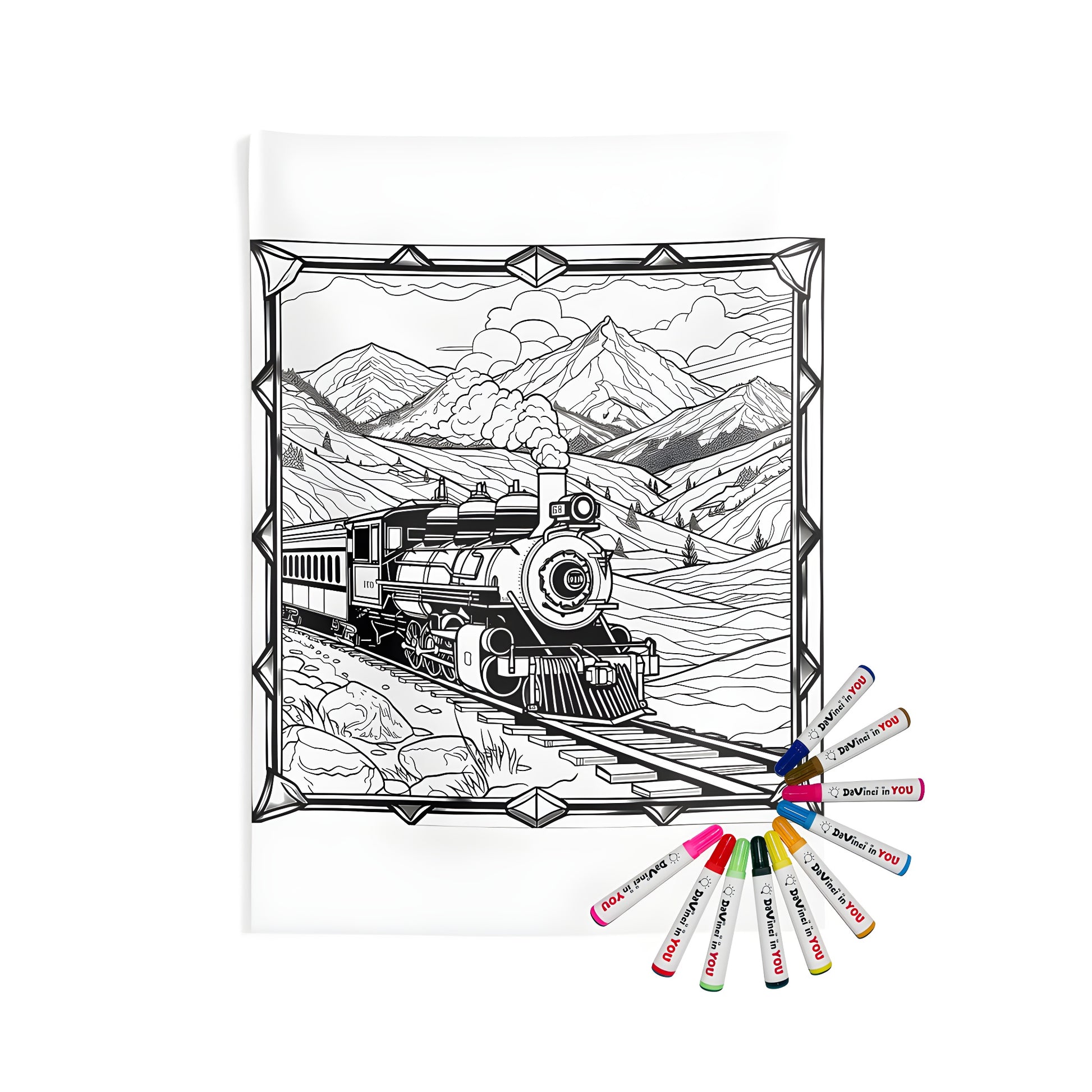 Indoor wall tapestry with coloring kit featuring a steam engine train scene through mountains