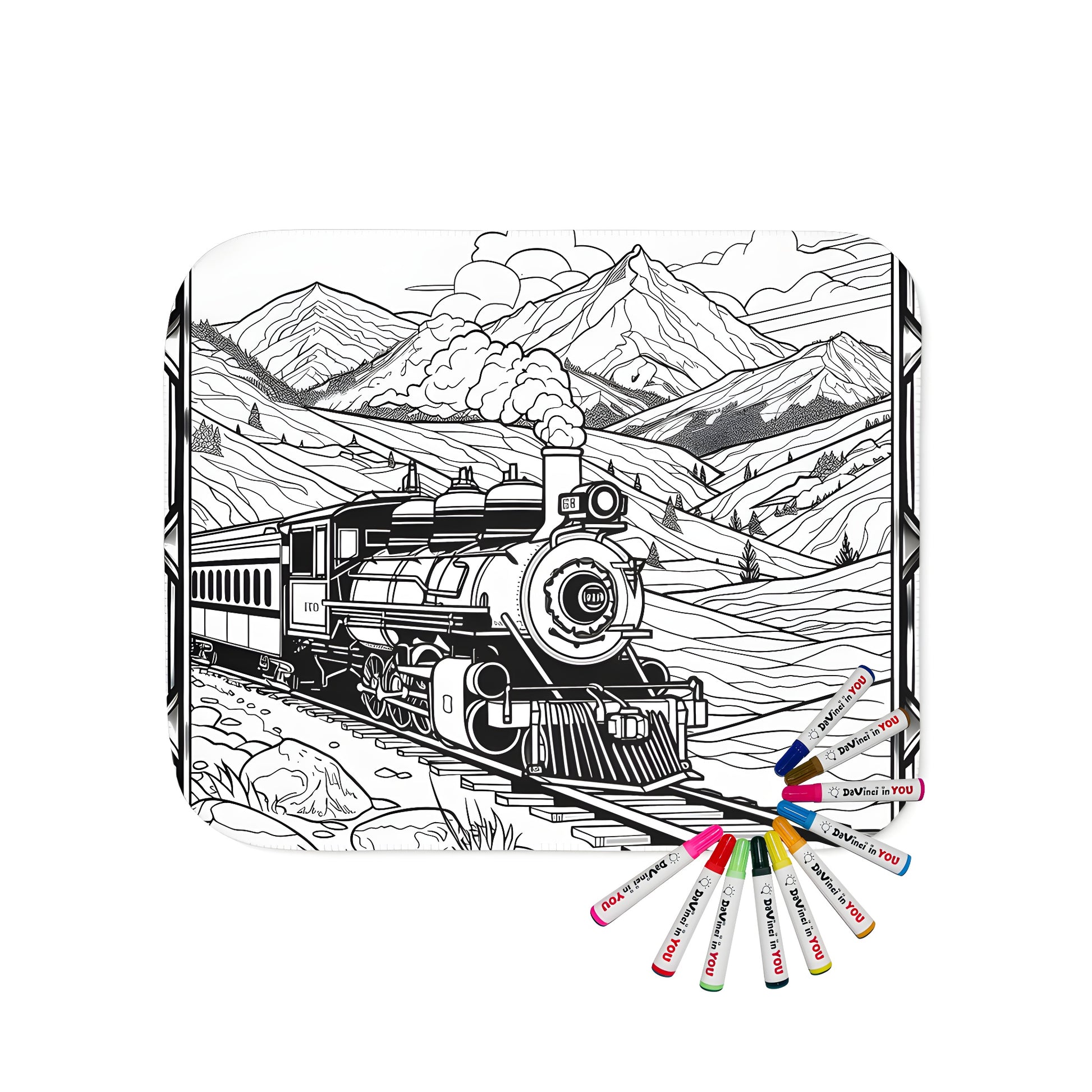 Cozy blanket featuring a vintage locomotive train print, with intricate details of smoke and railroad tracks, perfect for a steam train enthusiast's bedroom or office.