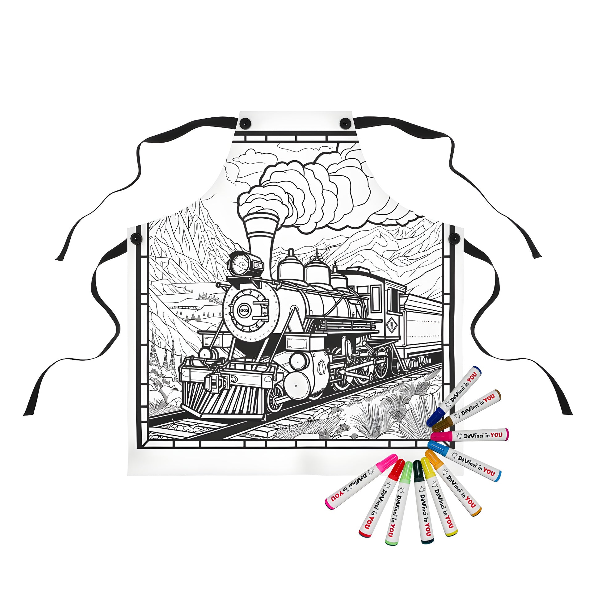 Colorful apron design featuring a locomotive train passing through mountains