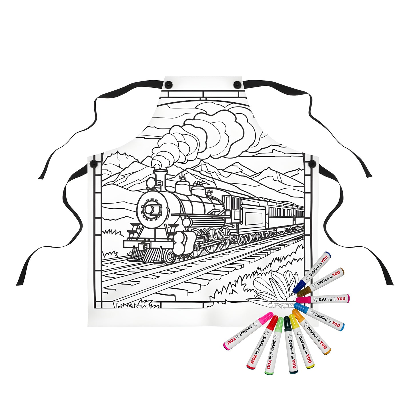 Apron with vintage locomotive and mountain landscape illustration