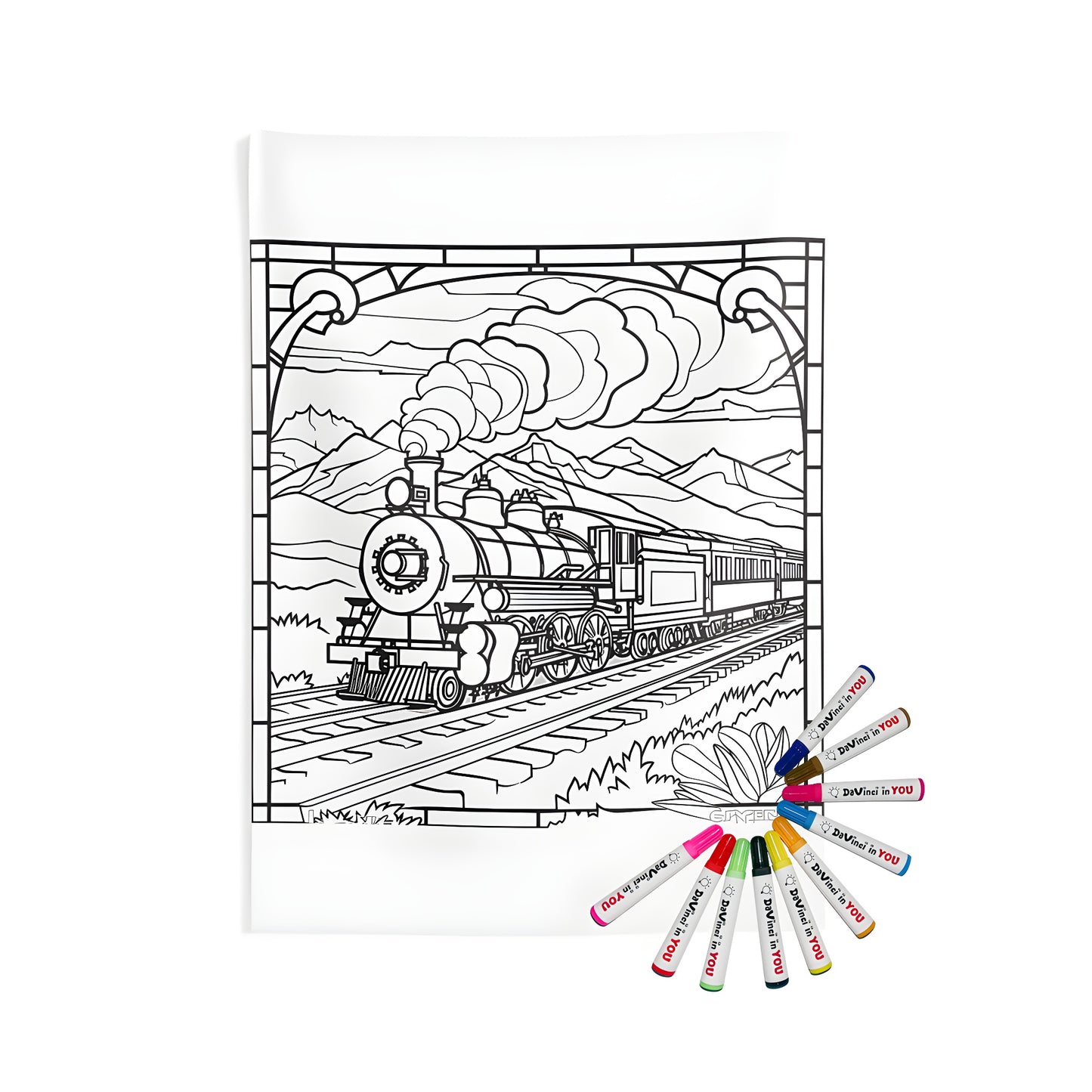 Coloring kit for a steam train wall tapestry featuring a mountainous landscape