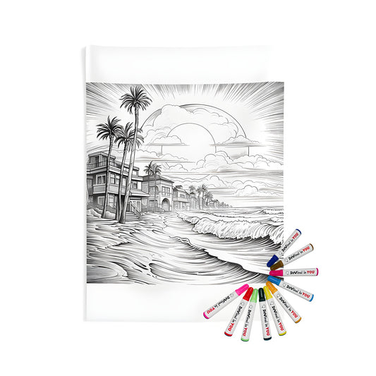 Detailed illustration of beachfront houses, palm trees, ocean waves, and golden sky