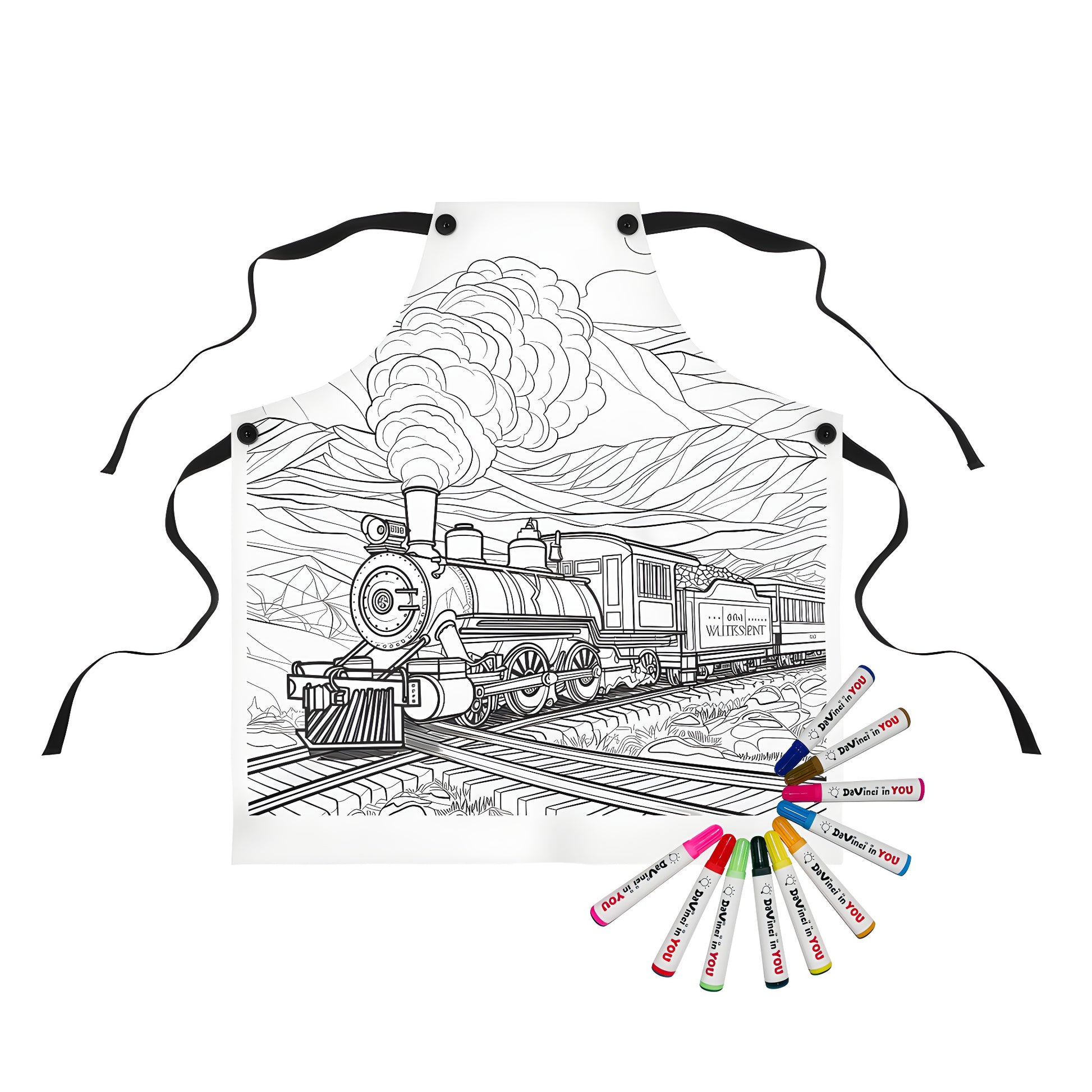 Coloring apron featuring line drawing of train locomotive on tracks with mountain scenery