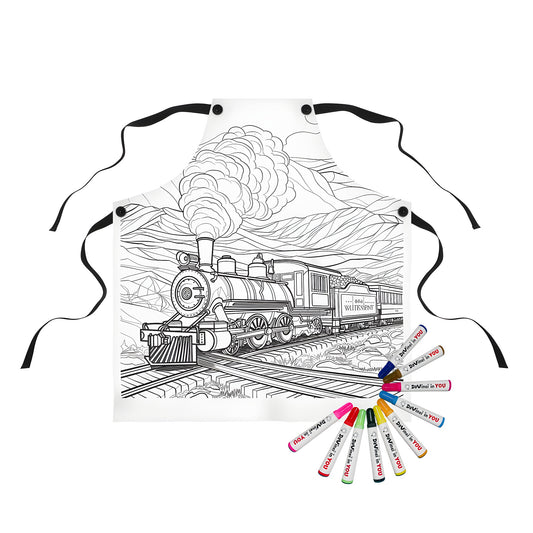 Coloring apron featuring line drawing of train locomotive on tracks with mountain scenery