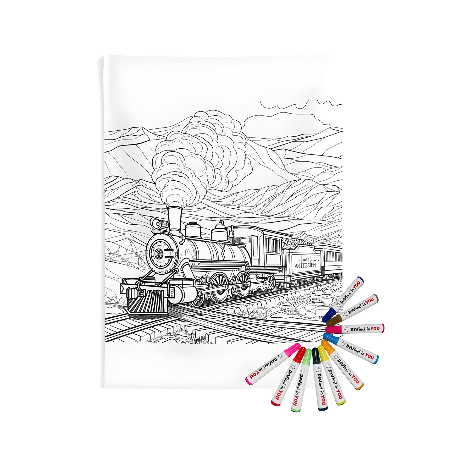 Steam train wall tapestry featuring a colorful line drawing of a locomotive on tracks in the mountains