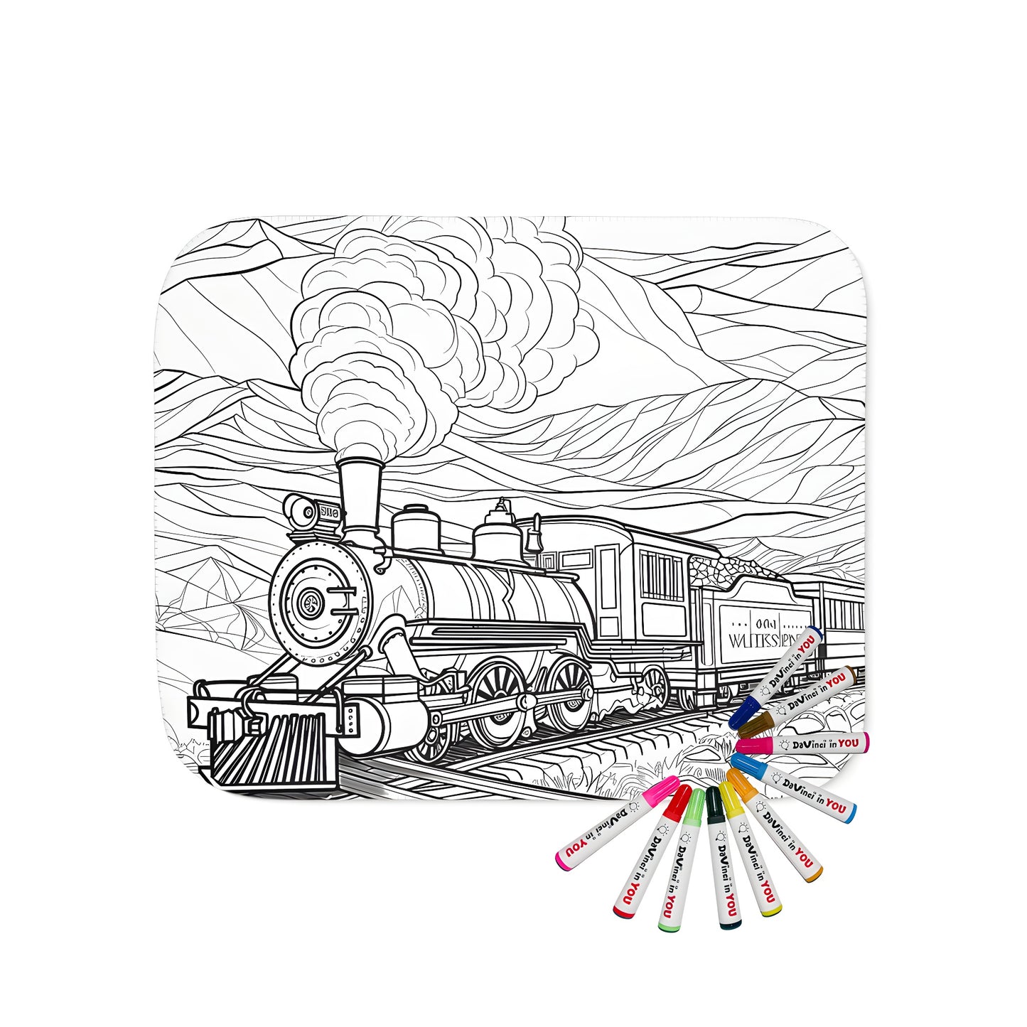 Coloring blanket featuring a steam engine illustration with tracks and mountains