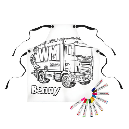 Apron with fun and colorful garbage truck design for kids' art projects, featuring Benny the truck