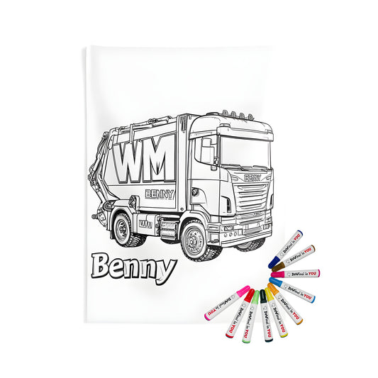 Colorful garbage truck wall tapestry for kids bedroom