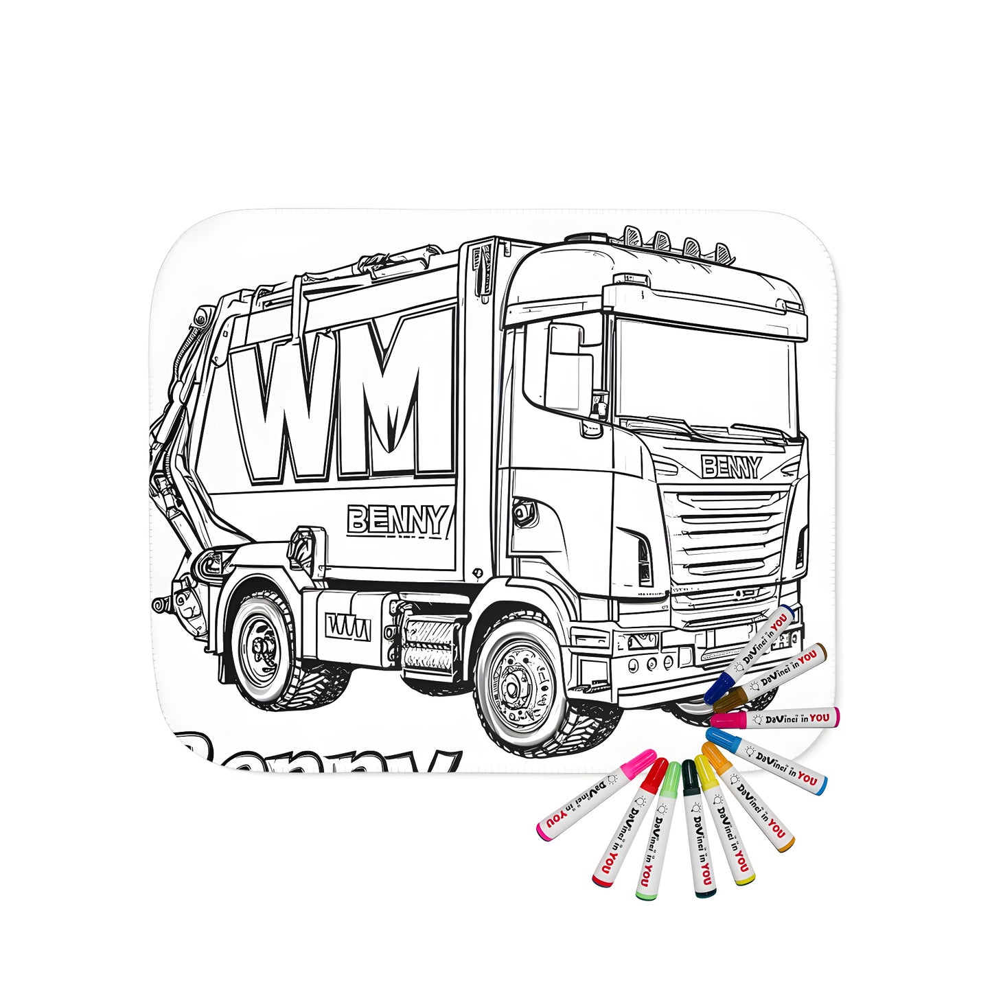 Blanket with a fun garbage truck design featuring Benny and WM sign, perfect for kids who love trucks