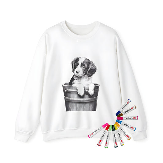 Adult sweatshirt featuring a cute puppy design from a coloring page - a whimsical illustration of a black and white dog hanging out of a wooden bucket. Perfect for fans of adulting with art!