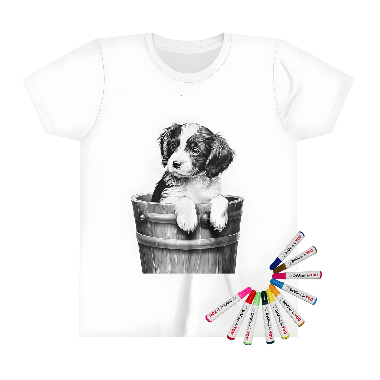 Kid's T-shirt with adorable dog design from coloring page - cute puppy in bucket