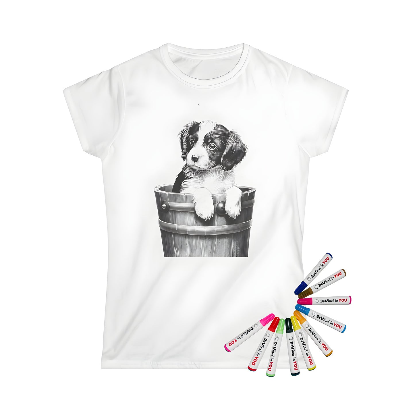 Women's t-shirt featuring a colorful, cute puppy hanging out of a wooden bucket illustration