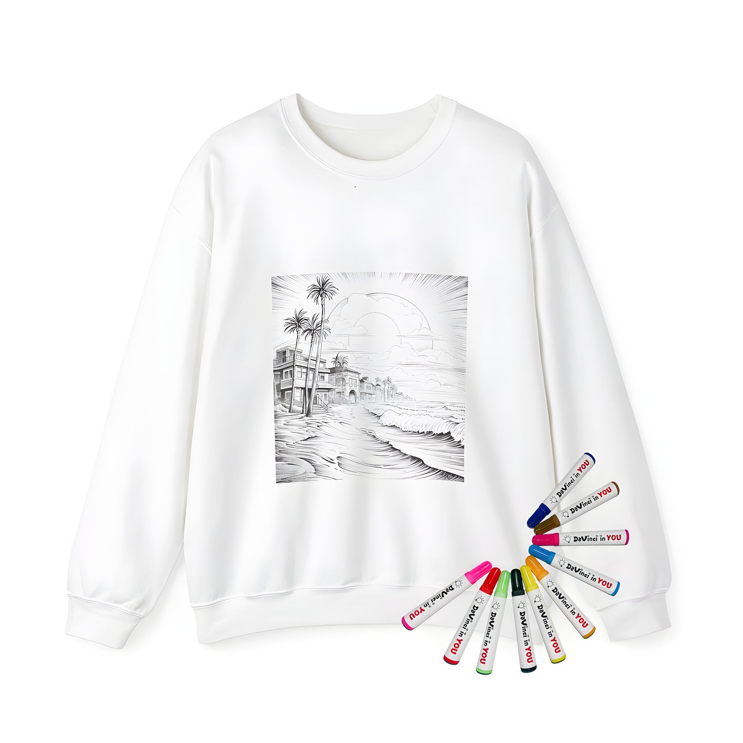 Adult sweatshirt with beach-inspired coloring page design featuring palm trees, ocean waves, and vibrant sunset colors