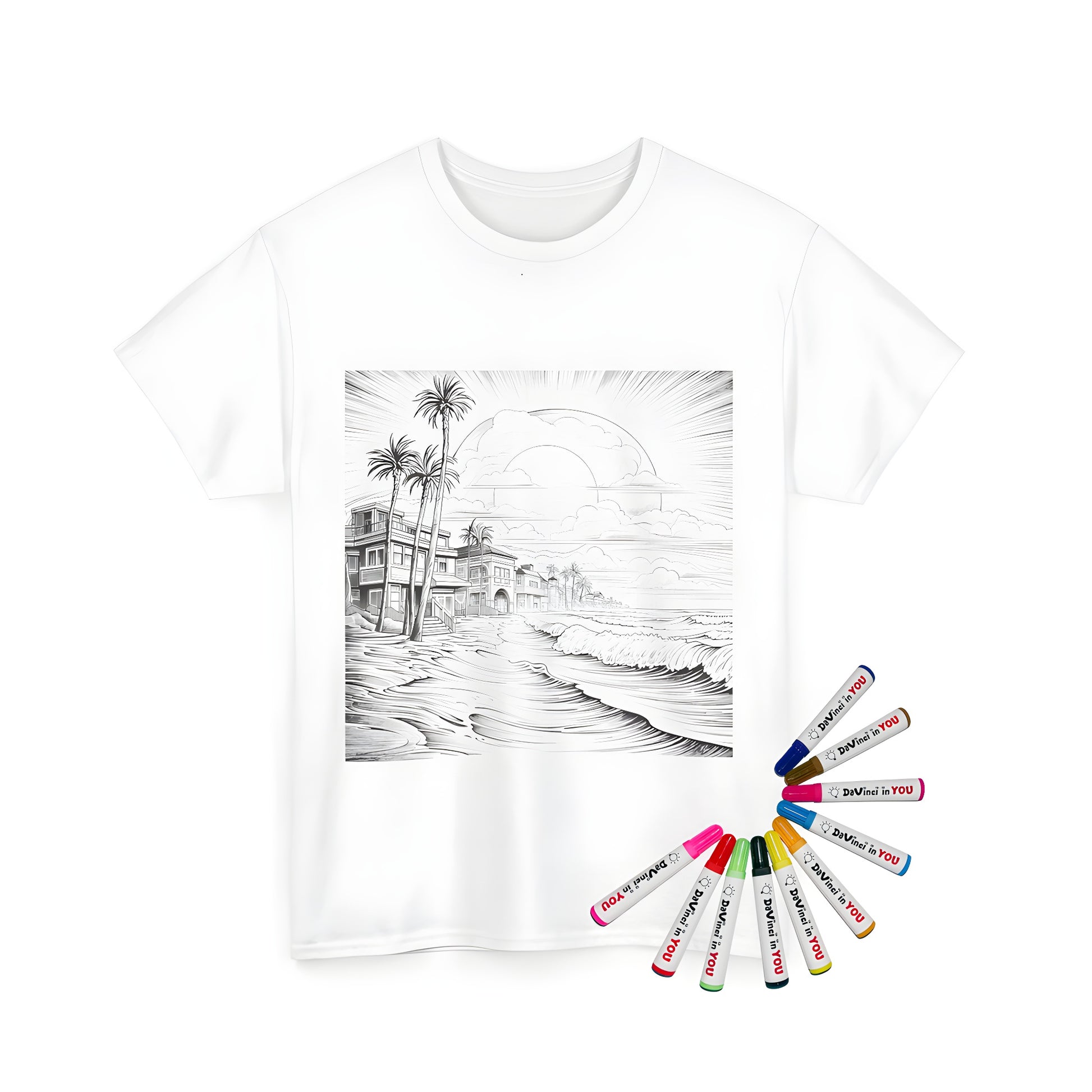 Coloring kit for unisex t-shirts with beach house scene design