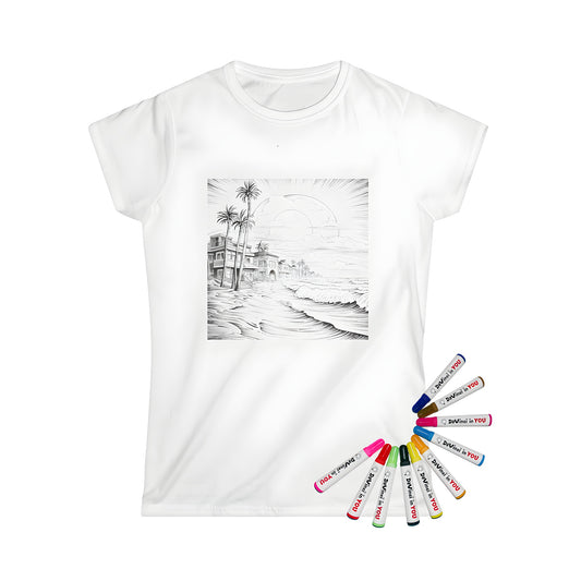 Women's t-shirt with colorful beach houses design, palm trees and sunset