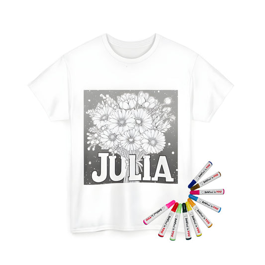 Unisex t-shirt featuring a detailed black and white bouquet of flowers with Julia's name