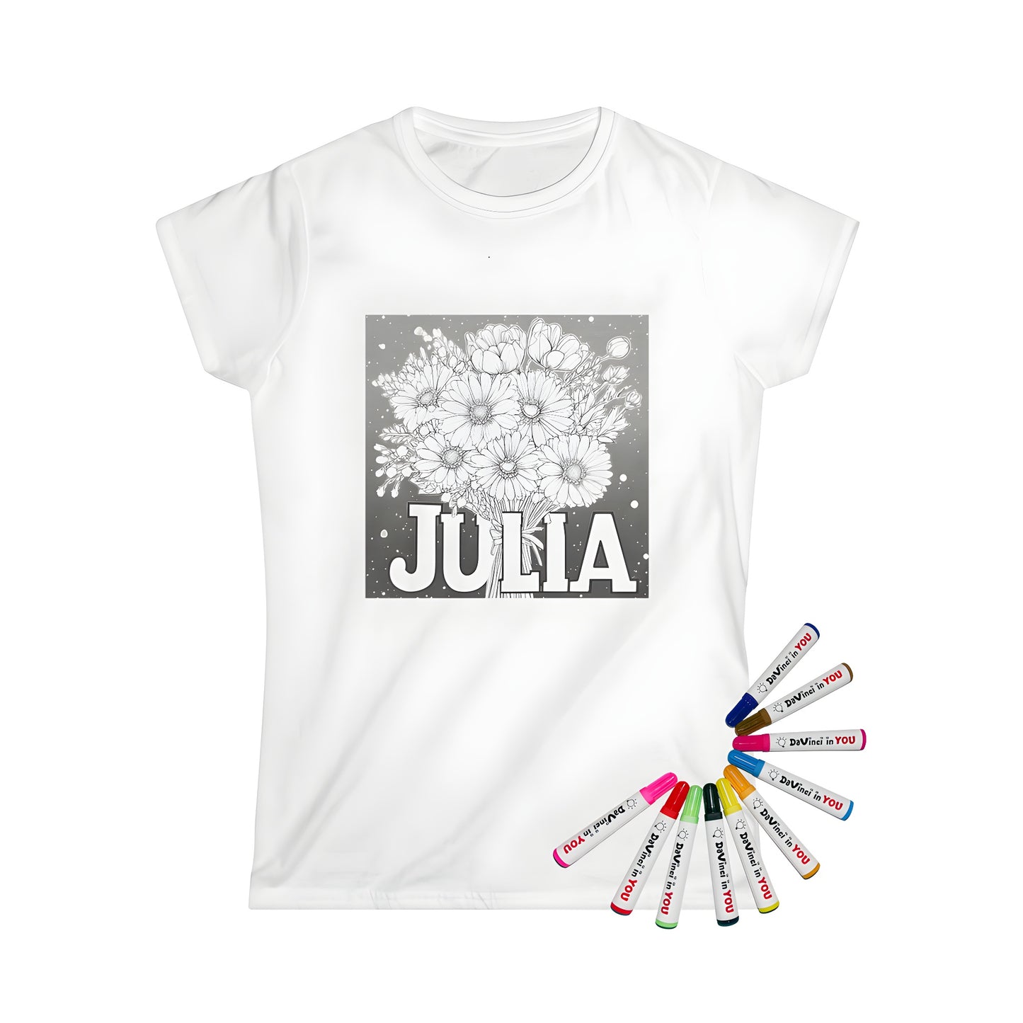 A beautiful women's t-shirt featuring a detailed black and white floral bouquet design with the name Julia below