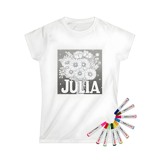 A beautiful women's t-shirt featuring a detailed black and white floral bouquet design with the name Julia below